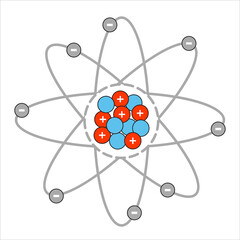 Vector science model of Atom. Around the atom, gamma waves, protons, neutrons 
and electrons. Vector icon of atom molecule on isolated background.
