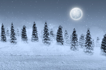 Snowy fir trees with snowfall and full moon