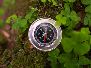 metal tourist compass lies in the forest on the grass. Travel or hiking concept