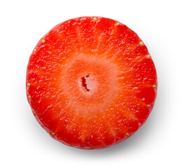 Strawberry slice isolated. Cut strawberry on white background. Berry slice with clipping path. Full depth of field.