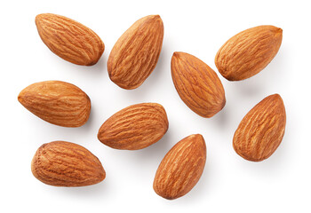 Almonds isolated. Almond set on white background. Almond background top view. Full depth of field.