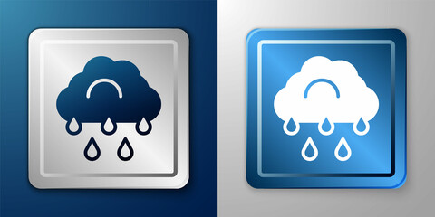 White Cloud with rain icon isolated on blue and grey background. Rain cloud precipitation with rain drops. Silver and blue square button. Vector