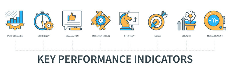 Key performance indicator concept with icons. Performance, Efficiency, Evaluation, Implementation, Strategy, Goals, Growth, Measurement. Web vector infographic in minimal flat line style