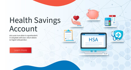 Health savings account concept. Computer with HSA sign on the screen. Contract, healthcare, savings, calculation, health insurance icons. Web vector illustrations in 3D style