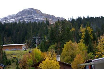 Chair lift at Axalp at Bernese Highlands on a grey and cloudy day. Photo taken September 19th, 2021, Brienz, Switzerland.