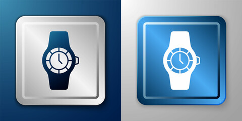White Wrist watch icon isolated on blue and grey background. Wristwatch icon. Silver and blue square button. Vector