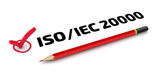 ISO 20000. The check mark. One red check mark with black text ISO 20000 and red pencil lies on a white surface. 3D illustration