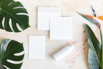 Tropical mockup card. Style home interior. White bottle lotion.