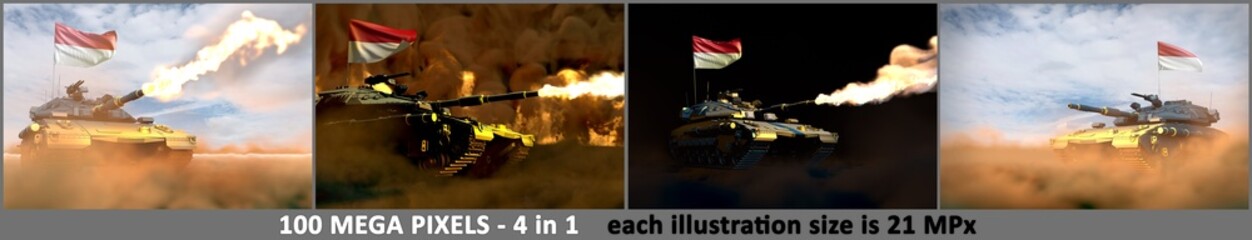 Fototapeta na wymiar Monaco army concept - 4 high resolution images of heavy tank with fictional design with Monaco flag, military 3D Illustration