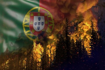 Forest fire fight concept, natural disaster - heavy fire in the woods on Portugal flag background - 3D illustration of nature