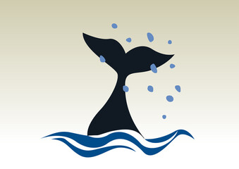 Whale diving with splashes of sea. Tail and drops water. Retro vector background and illustration.