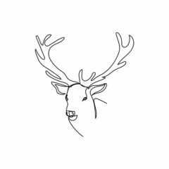 Vector continuous one single line drawing icon of christmas deer in silhouette on a white background. Linear stylized.