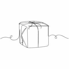 Vector continuous one single line drawing icon of gift boxes design composition in silhouette on a white background. Linear stylized.