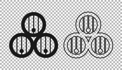 Black Wooden barrel icon isolated on transparent background. Alcohol barrel, drink container, wooden keg for beer, whiskey, wine. Vector