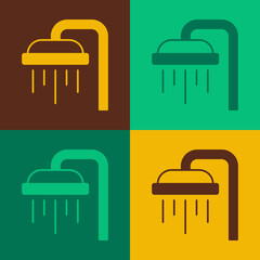 Pop art Shower head with water drops flowing icon isolated on color background. Vector