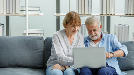 Caucasian old senior elderly grandparents lover couple in casual wear sitting together on couch in living room at home looking to laptop computer screen learning new lesson shopping online from store