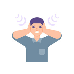 a man covers his ears with his hands to avoid disturbance of sound. illustration of the expression of a person who feels uncomfortable or disturbed. flat cartoon style. vector design elements
