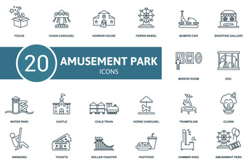 Amusement Park icon set. Collection of simple elements such as the focus, chain carousel, horror house, zoo, water park, child train, ferris wheel.