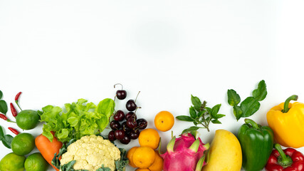 Fresh fruit and vegetable. Flat lay of fresh raw organic vegetables on white background