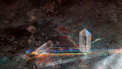 Natural clear crystal quartz electroplating rainbow on magic background. Meditation, reiki and spiritual healing concept - obrazy, fototapety, plakaty