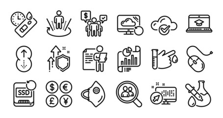 Search employees, Augmented reality and Recovery cloud line icons set. Secure shield and Money currency exchange. Covid test, Recovery ssd and Medical mask icons. Vector