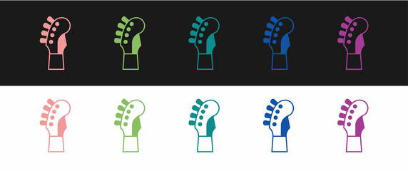 Set Guitar neck icon isolated on black and white background. Acoustic guitar. String musical instrument. Vector