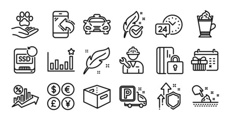 Pets care, Incoming call and Skin moisture line icons set. Secure shield and Money currency exchange. 24h service, Efficacy and Hypoallergenic tested icons. Vector