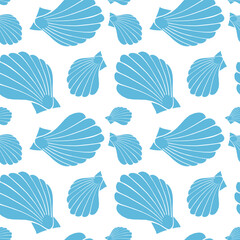 Light blue flat silhouette sea shells seamless pattern for fabric, textile, apparel, cloth, interior, stationery, package. Marine endless texture. Tropical ocean shells editable design.