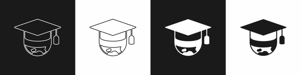 Set Graduation cap on globe icon isolated on black and white background. World education symbol. Online learning or e-learning concept. Vector
