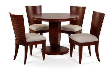 wooden round dining table with chairs. Modern designer, dining table and chairs isolated on white...