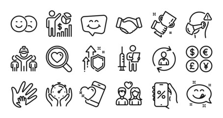 Winner cup, Heart and Yummy smile line icons set. Secure shield and Money currency exchange. Person info, Search love and Social responsibility icons. Vector