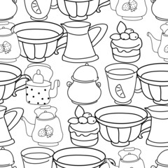 Seamless black and white pattern. Tea drinking illustration.