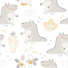 Vector seamless childish pattern with cute baby crocodile.Scandinavian texture for fabric, nursery, baby shower, textile, wallpaper, wrapping paper.Kids tropical animals.Alligator hand drawn print © Aelina