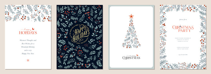 Holidays cards with Christmas Tree, birds, ornate floral frames and background. Universal artistic templates. - obrazy, fototapety, plakaty