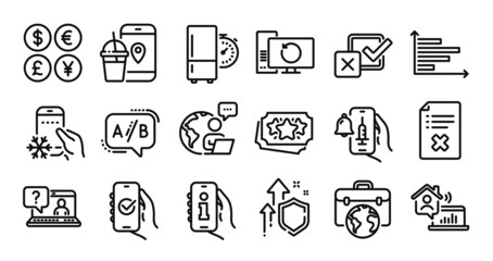 Loyalty points, Refrigerator app and Refrigerator timer line icons set. Secure shield and Money currency exchange. Ab testing, Approved app and Work home icons. Vector