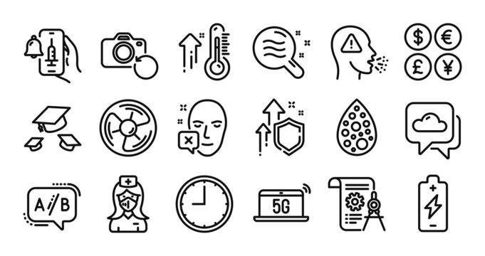 Nurse, Artificial colors and 5g notebook line icons set. Secure shield and Money currency exchange. Skin condition, Vaccine announcement and Recovery photo icons. Vector