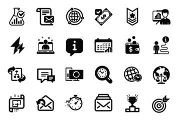 Vector Set of Education icons related to Presentation board, Recovery computer and Chemistry lab icons. Timer, Calendar graph and Mail letter signs. Best manager, Winner podium and Comment. Vector