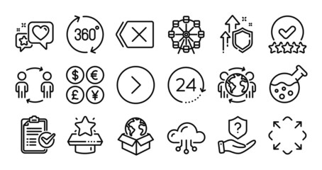 Winner podium, Global business and Delivery service line icons set. Secure shield and Money currency exchange. Chemistry lab, Cloud computing and 360 degrees icons. Vector