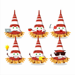 Red confetti trumpet cartoon character with various types of business emoticons