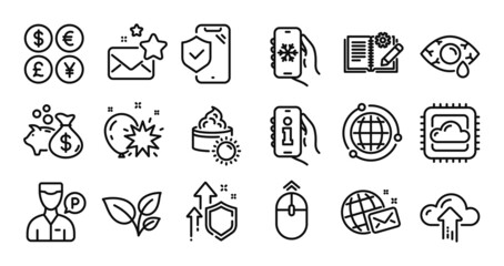 Sun cream, Leaves and Engineering documentation line icons set. Secure shield and Money currency exchange. Air conditioning, Valet servant and Ð¡onjunctivitis eye icons. Vector