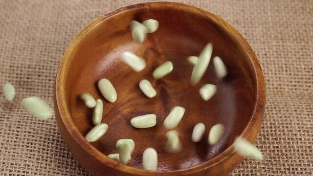 Green verdina beans close up. Dry uncooked organic legumes falling into a rustic wooden bowl on burlap. Traditional cuisine in Asturias and Galicia, Spain