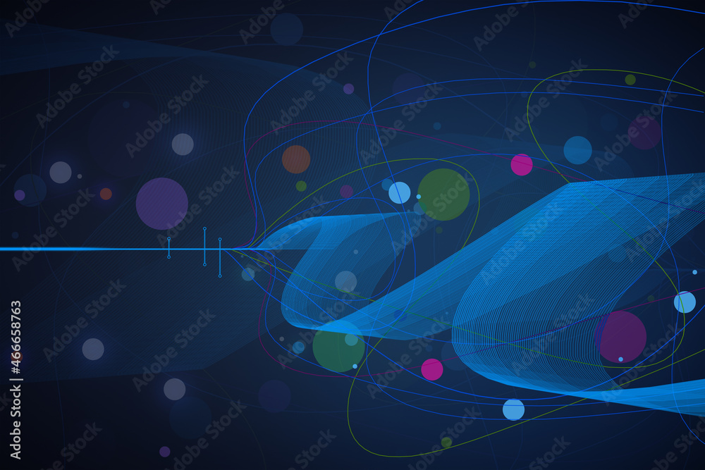 Poster Creative blue big data swirl on dark background. Technology, innovation and database concept. 3D Rendering.
