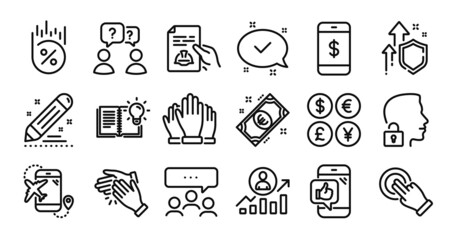 Clapping hands, Brand contract and Career ladder line icons set. Secure shield and Money currency exchange. Vote, Euro money and Meeting icons. Vector