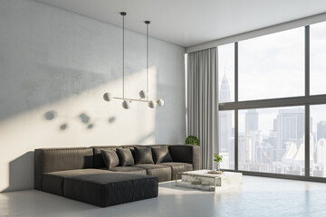 Contemporary living room interior with big couch, other pieces of furniture, curtain, window with daylight and city view. 3D Rendering.