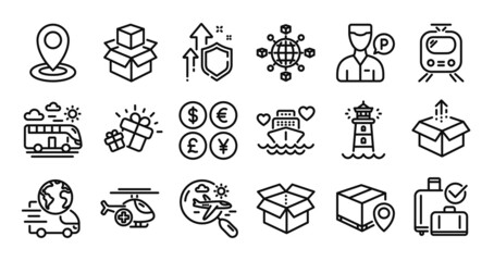 Send box, Baggage reclaim and Logistics network line icons set. Secure shield and Money currency exchange. Packing boxes, Parcel tracking and Delivery service icons. Vector