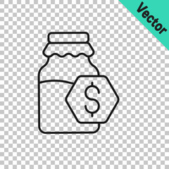 Black line Sale in jar of honey icon isolated on transparent background. Food bank. Sweet natural food symbol. Vector