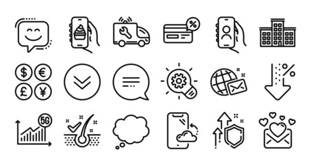 Anti-dandruff flakes, 5g statistics and Company line icons set. Secure shield and Money currency exchange. Cogwheel, World mail and Low percent icons. Vector