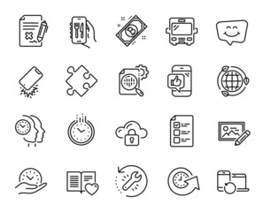 Vector set of Smile chat, Update time and Restaurant app line icons set. Recovery devices, Eco energy and Seo stats icons. Mobile like, Time management and Recovery tool signs. Vector
