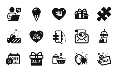 Vector set of Balloon dart, Puzzle game and Puzzle icons simple set. Online discounts, Ice cream milkshake and Sale icons. Sale offer, Discounts calendar and My love signs. Vector