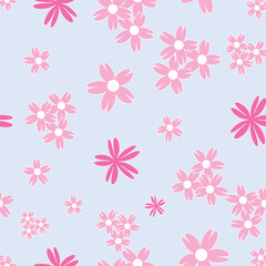 Vector blue background white pink cherry tree flowers and cherry blossom sakura flowers. Seamless pattern background